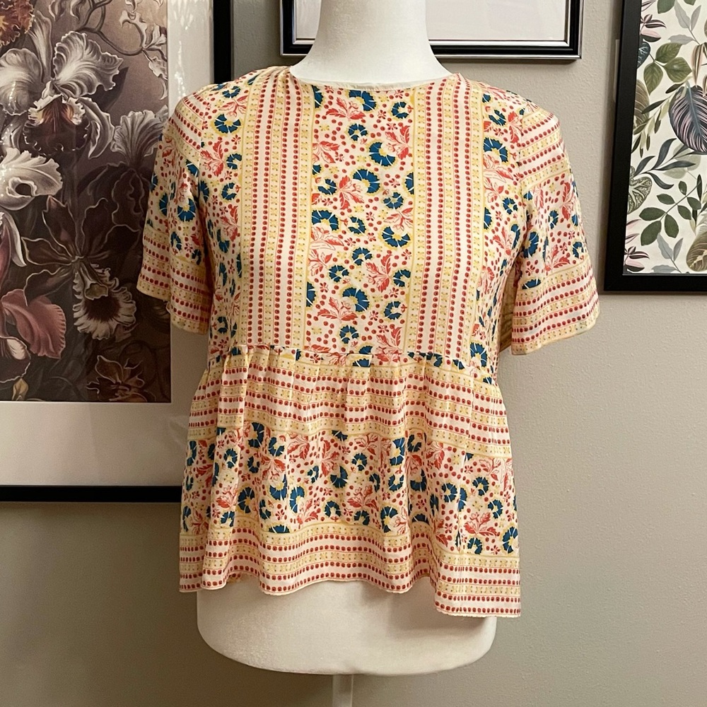 Lauren Moffatt Silk Peplum Print Top